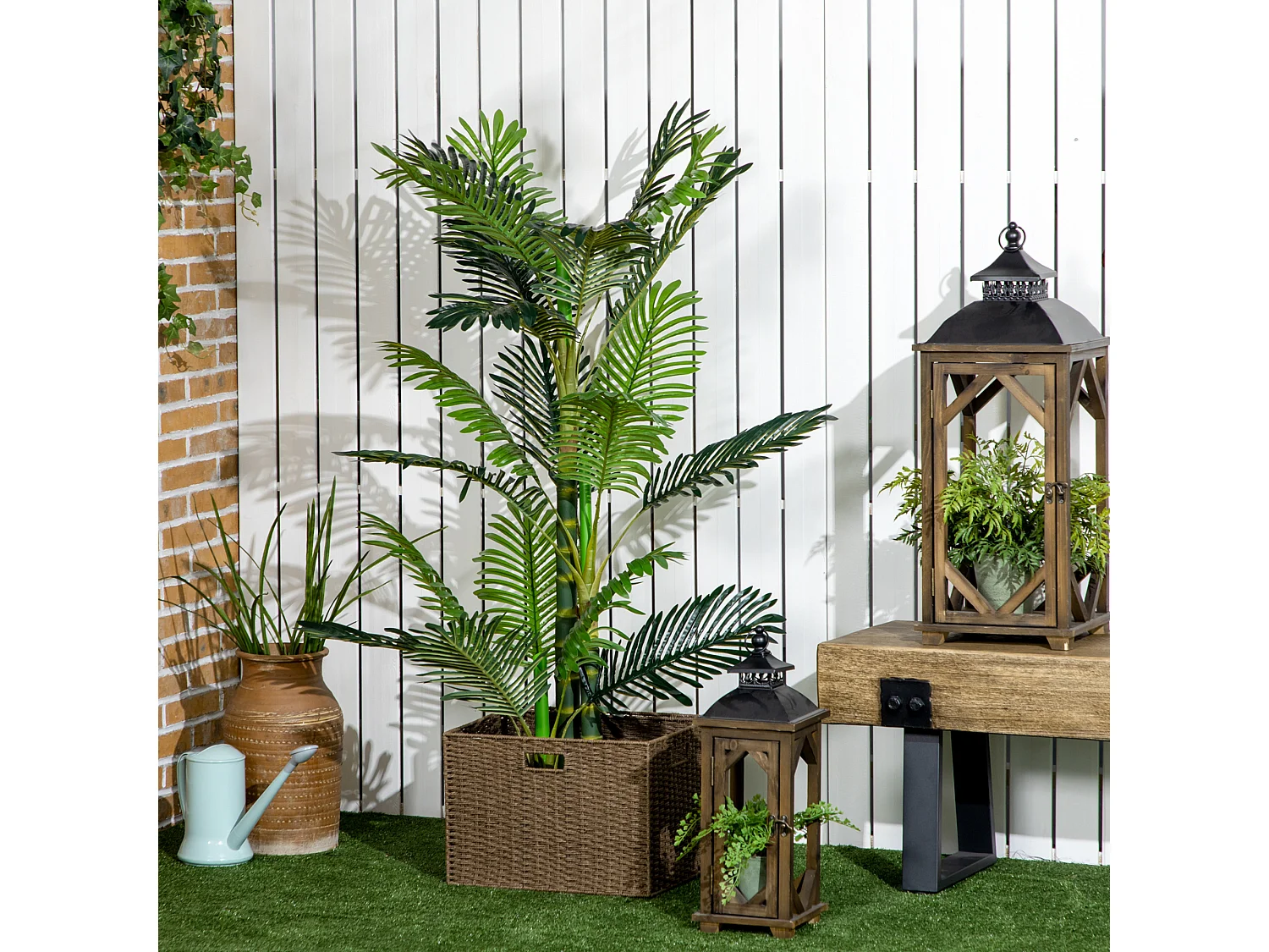 Palmier artificiel décoratif avec pot ciment, plastique durable, vert, stable et facile d'entretien (19.5x19.5x150cm)