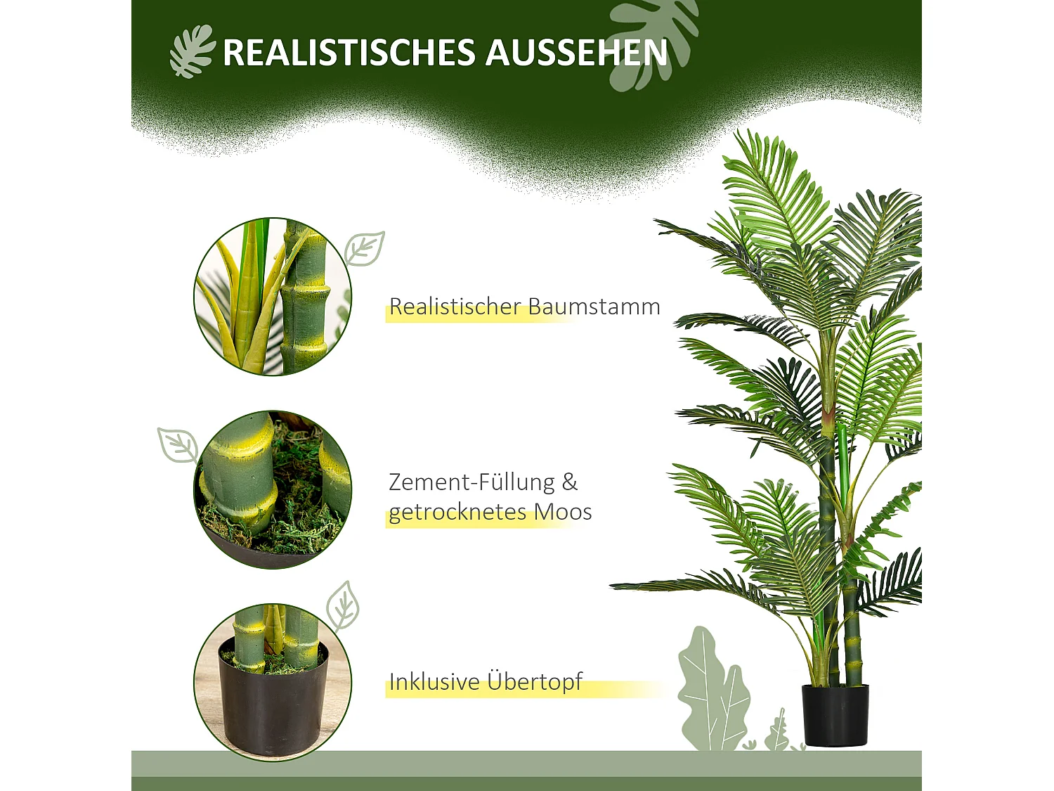 Palmier artificiel décoratif avec pot ciment, plastique durable, vert, stable et facile d'entretien (19.5x19.5x150cm)