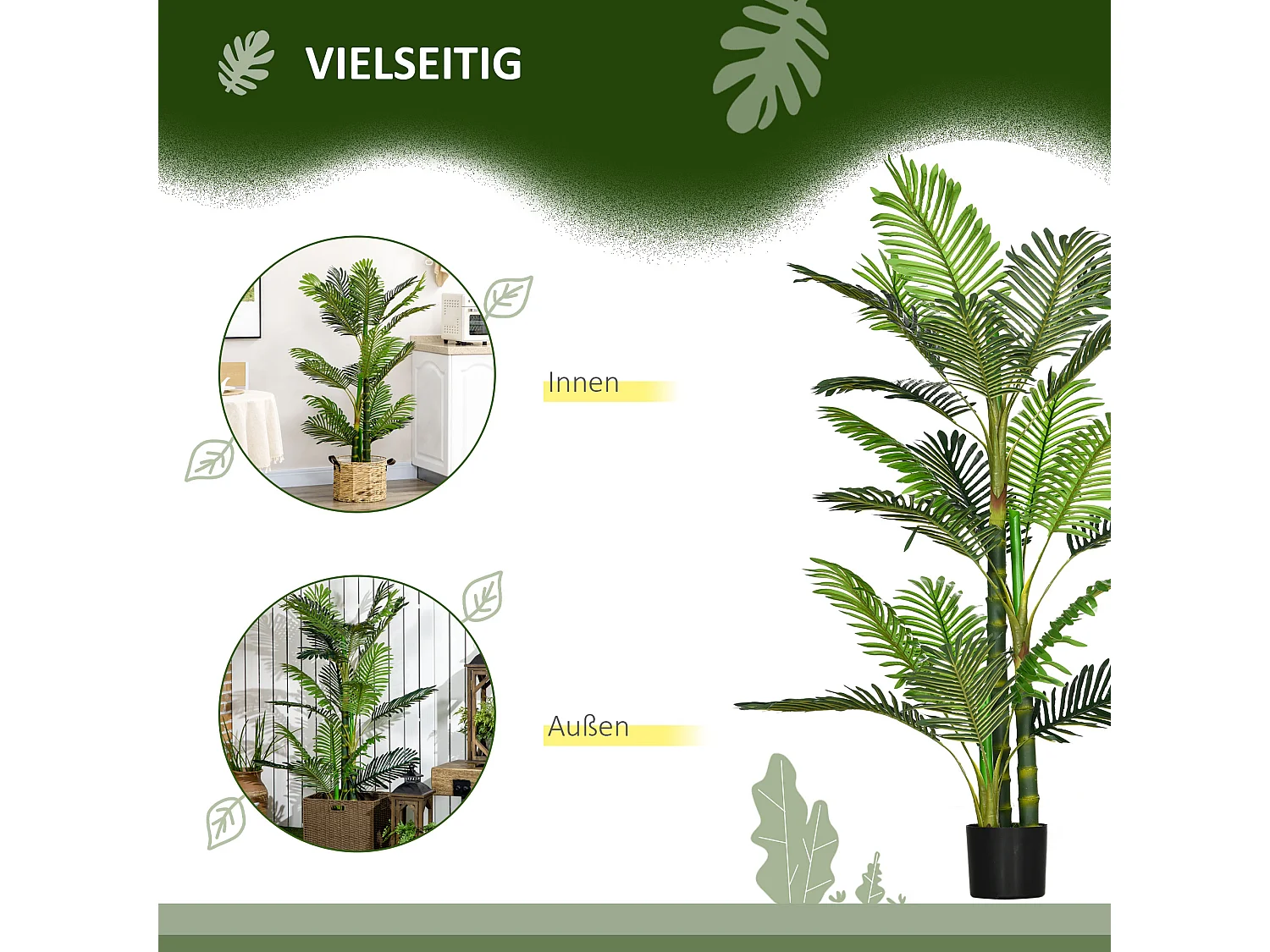 Palmier artificiel décoratif avec pot ciment, plastique durable, vert, stable et facile d'entretien (19.5x19.5x150cm)