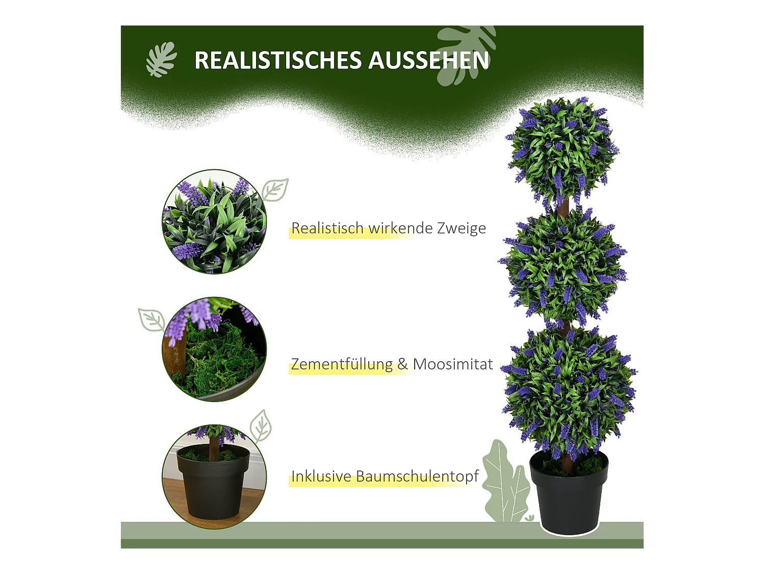 Ensemble de 2 arbres de lavande artificiels, UV résistant, plastique, vert (20x20x110 cm)