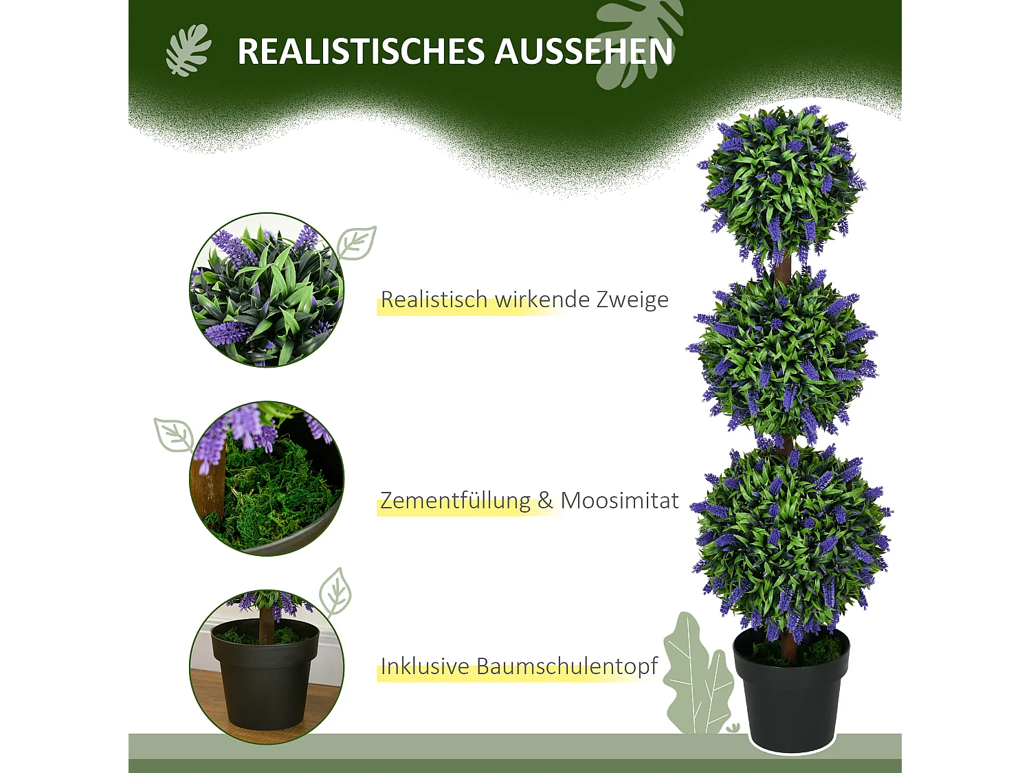 Ensemble de 2 arbres de lavande artificiels, UV résistant, plastique, vert (20x20x110 cm)