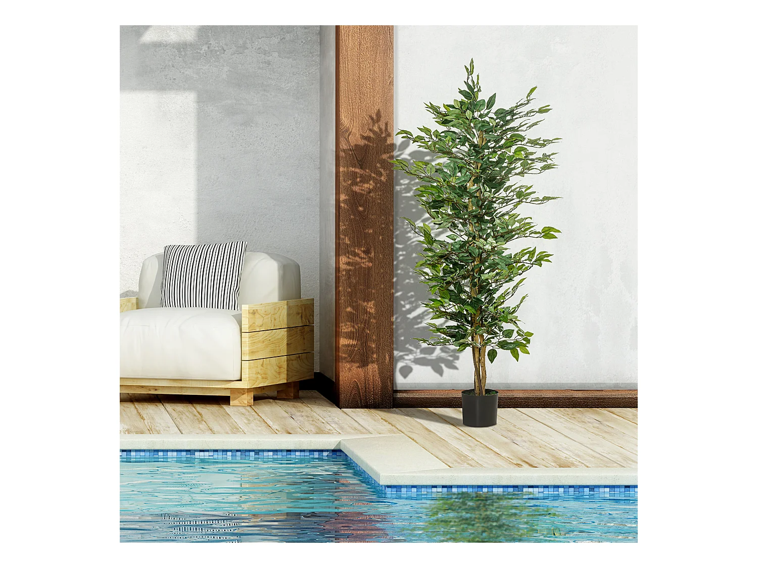 Ficus artificiel décoratif, pot plastique cimenté, vert naturel (17x17x150cm)