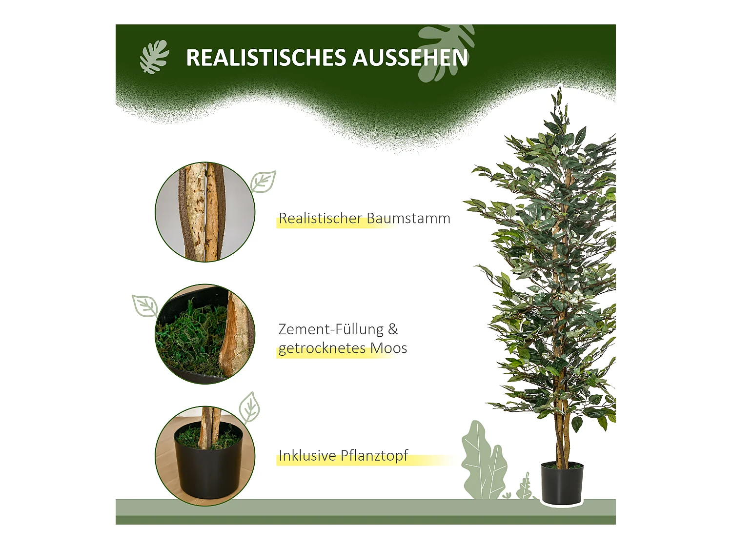 Ficus artificiel décoratif, pot plastique cimenté, vert naturel (17x17x150cm)