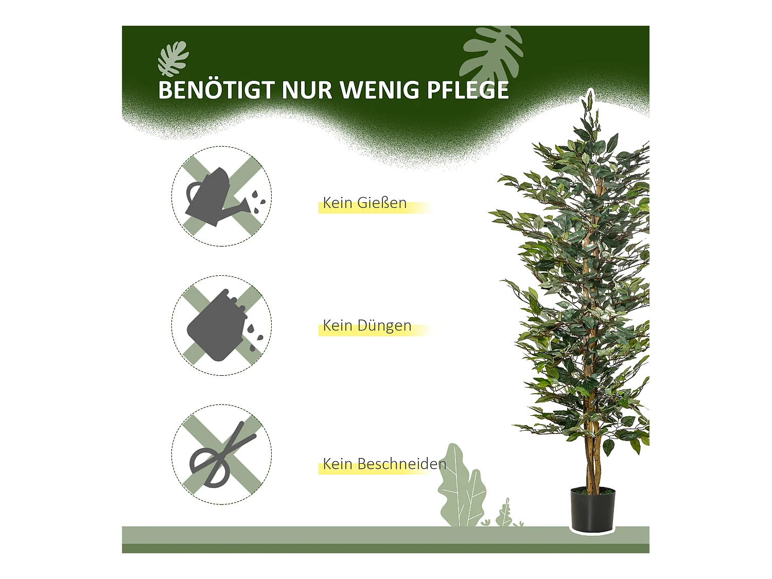 Ficus artificiel décoratif, pot plastique cimenté, vert naturel (17x17x150cm)