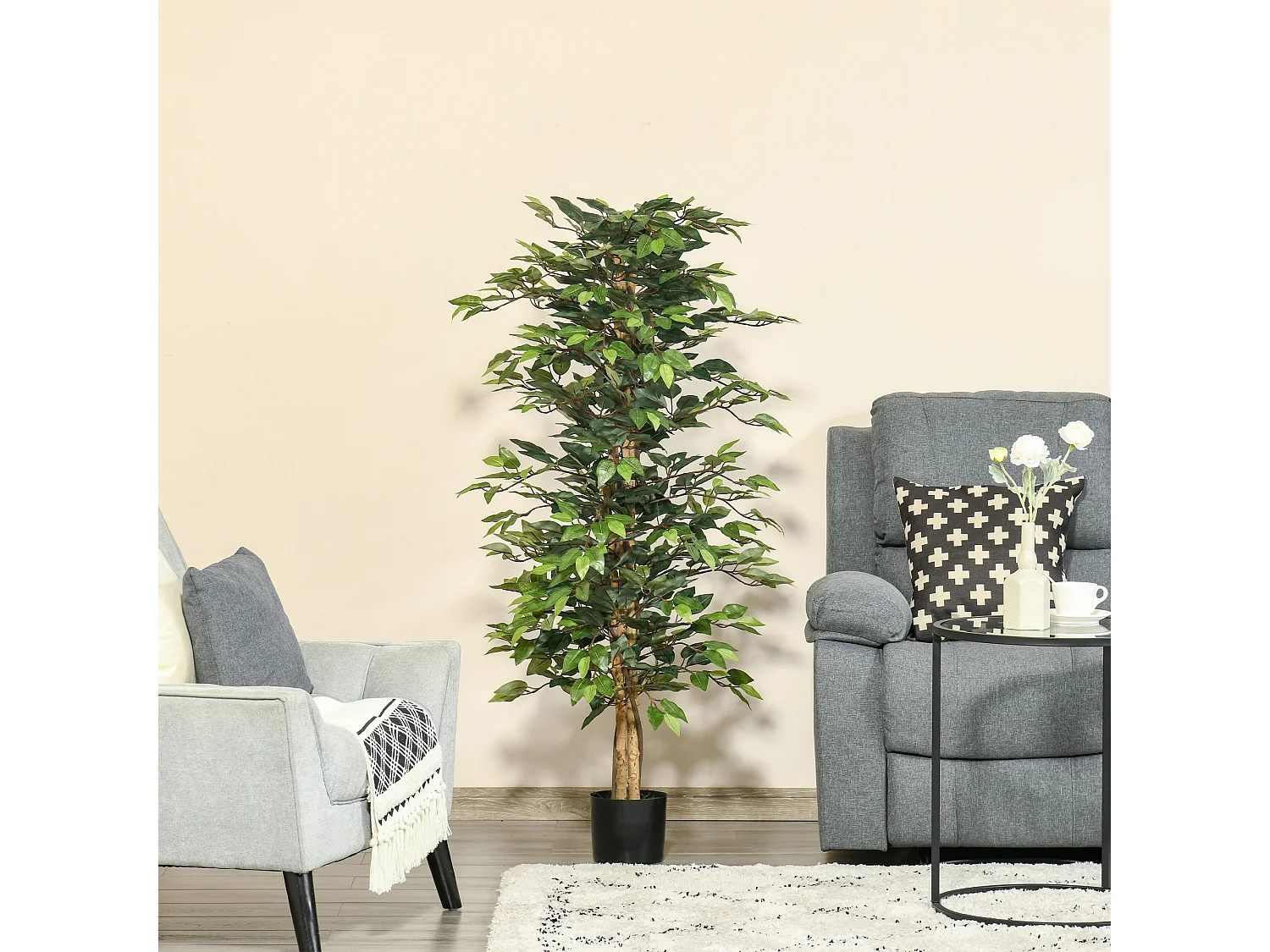 Ficus artificiel décoratif, pot plastique cimenté, vert naturel (17x17x150cm)