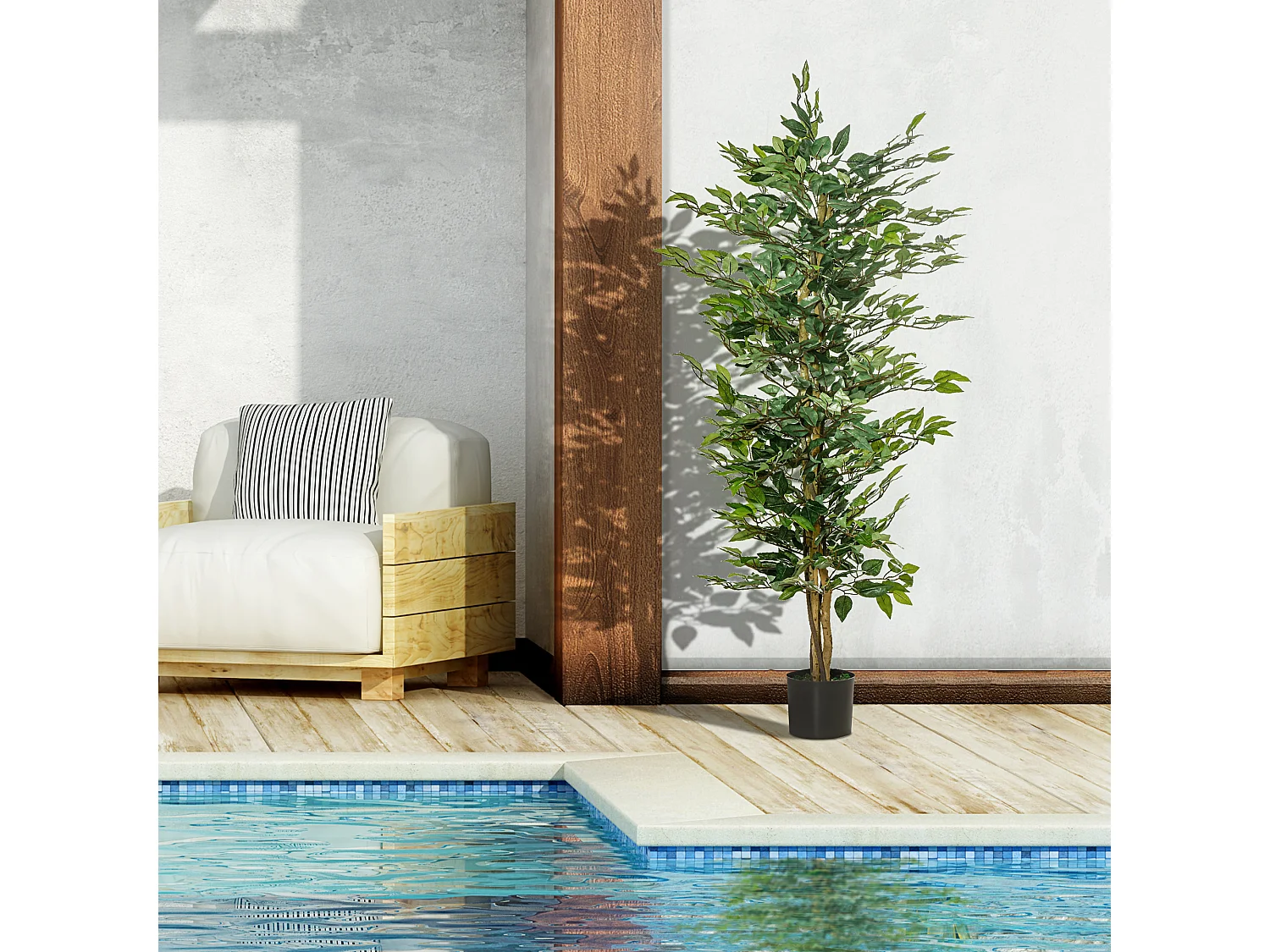 Ficus artificiel décoratif, pot plastique cimenté, vert naturel (17x17x150cm)