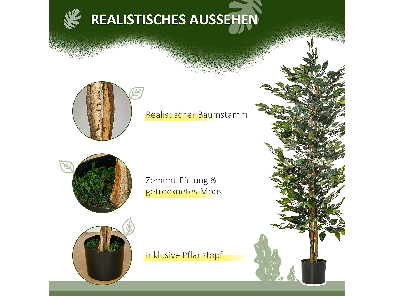 Ficus artificiel décoratif, pot plastique cimenté, vert naturel (17x17x150cm)