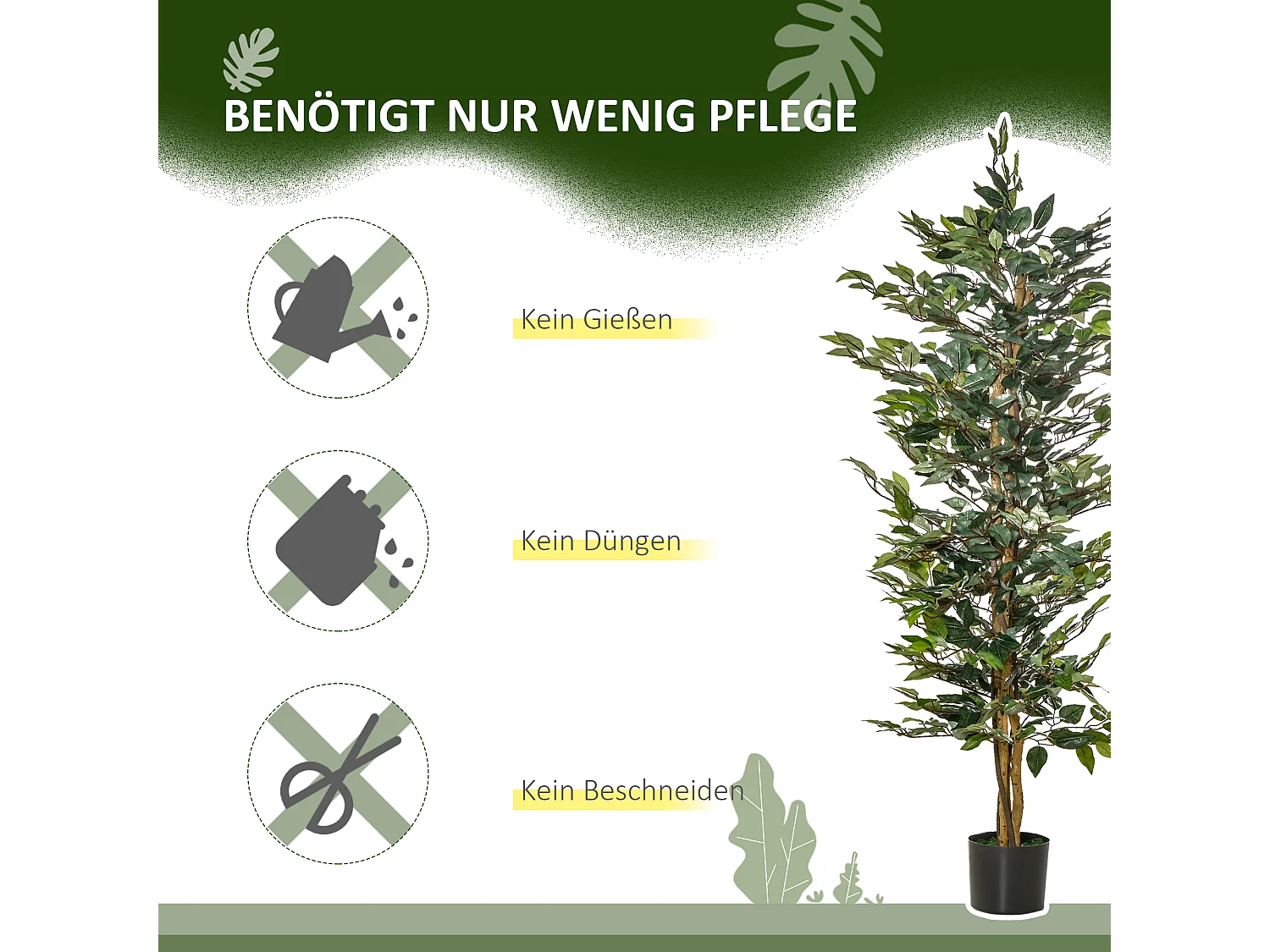 Ficus artificiel décoratif, pot plastique cimenté, vert naturel (17x17x150cm)