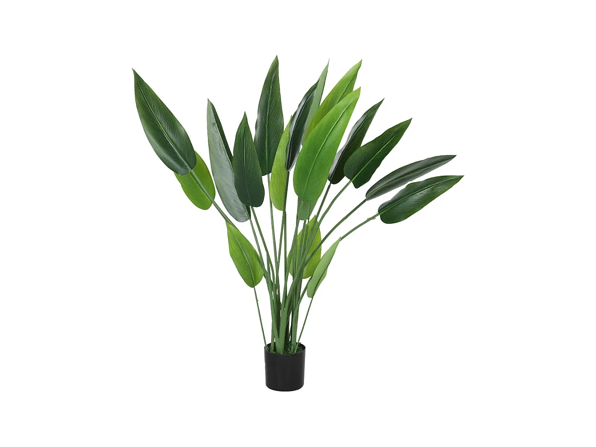 Plante artificielle Paradisier réaliste, plastique, vert, pot ciment avec mousse et herbe (12x12x110cm)