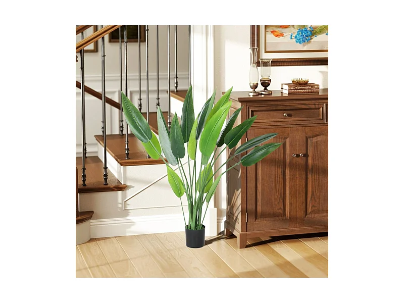 Plante artificielle Paradisier réaliste, plastique, vert, pot ciment avec mousse et herbe (12x12x110cm)