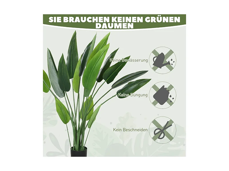 Plante artificielle Paradisier réaliste, plastique, vert, pot ciment avec mousse et herbe (12x12x110cm)