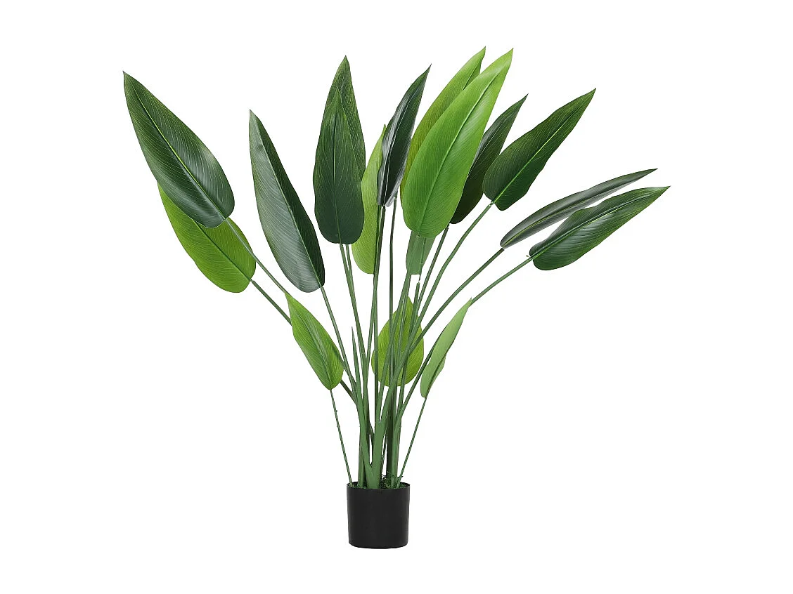 Plante artificielle Paradisier réaliste, plastique, vert, pot ciment avec mousse et herbe (12x12x110cm)