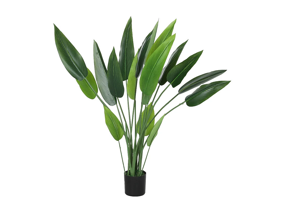 Plante artificielle Paradisier réaliste, plastique, vert, pot ciment avec mousse et herbe (12x12x110cm)