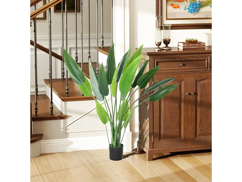 Plante artificielle Paradisier réaliste, plastique, vert, pot ciment avec mousse et herbe (12x12x110cm)