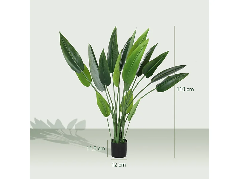 Plante artificielle Paradisier réaliste, plastique, vert, pot ciment avec mousse et herbe (12x12x110cm)