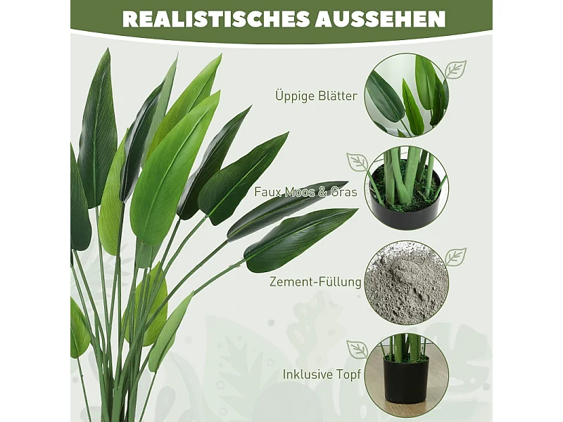 Plante artificielle Paradisier réaliste, plastique, vert, pot ciment avec mousse et herbe (12x12x110cm)