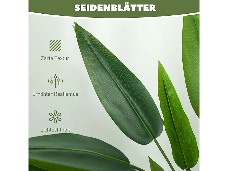 Plante artificielle Paradisier réaliste, plastique, vert, pot ciment avec mousse et herbe (12x12x110cm)