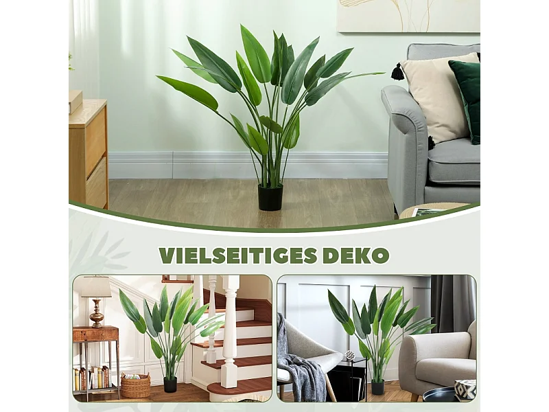 Plante artificielle Paradisier réaliste, plastique, vert, pot ciment avec mousse et herbe (12x12x110cm)