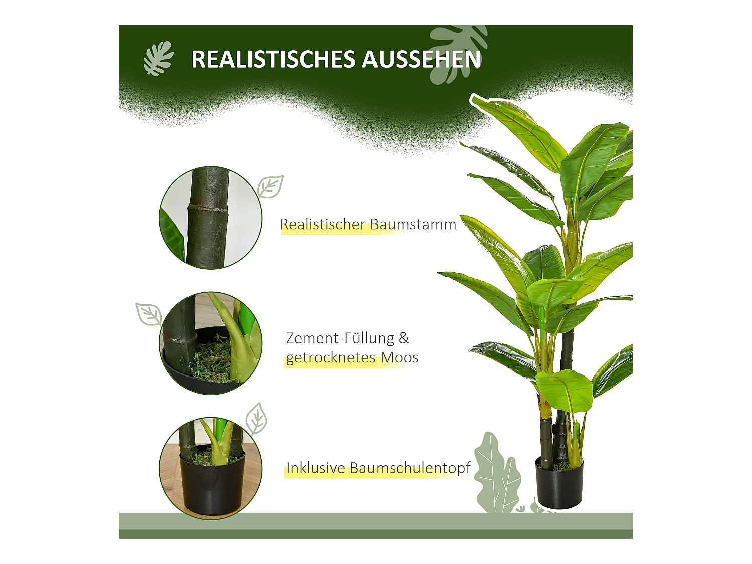 Plante artificielle bananier, 150 cm, avec pot et mousse PE, vert (17x17x150 cm)