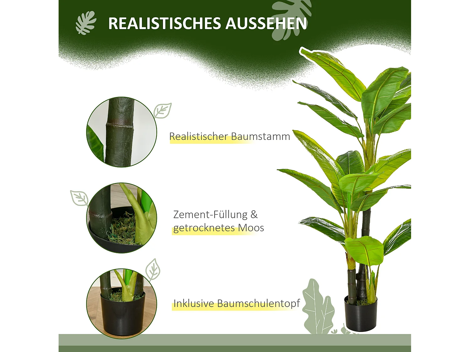 Plante artificielle bananier, 150 cm, avec pot et mousse PE, vert (17x17x150 cm)