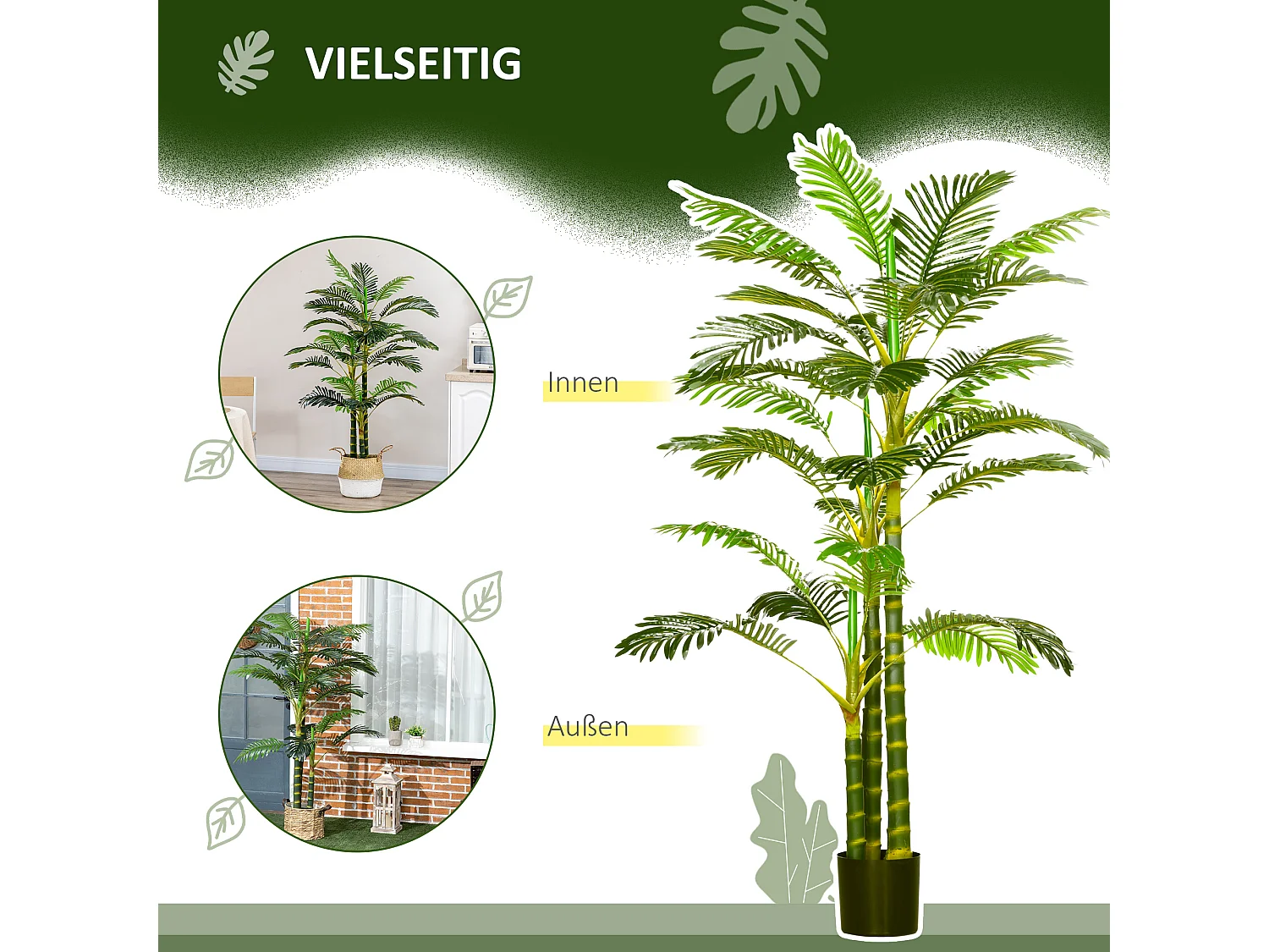 Palma artificiale da 190 cm, pianta decorativa in plastica, con vaso, per soggiorno, camera da letto, ufficio, verde (19,5x19,5x190 cm)