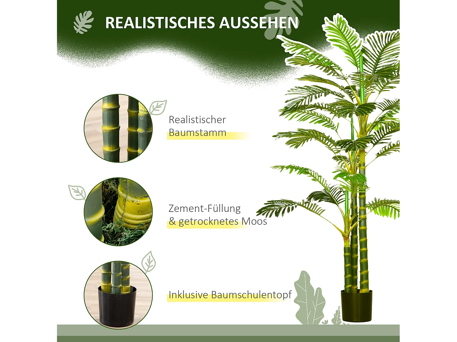 Palmier artificiel 190 cm, plante décorative en plastique, avec pot, pour salon, chambre, bureau, vert (19.5x19.5x190 cm)