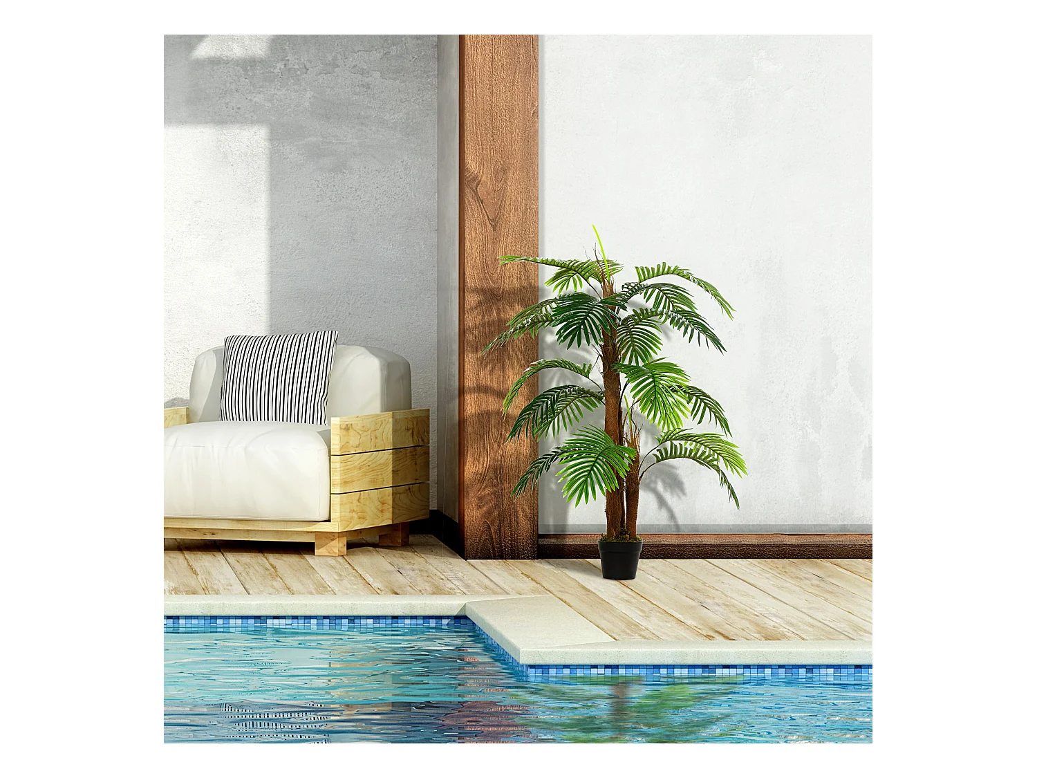 Palmier artificiel réaliste, plastique, vert, avec pot en plastique (16x16x120 cm)