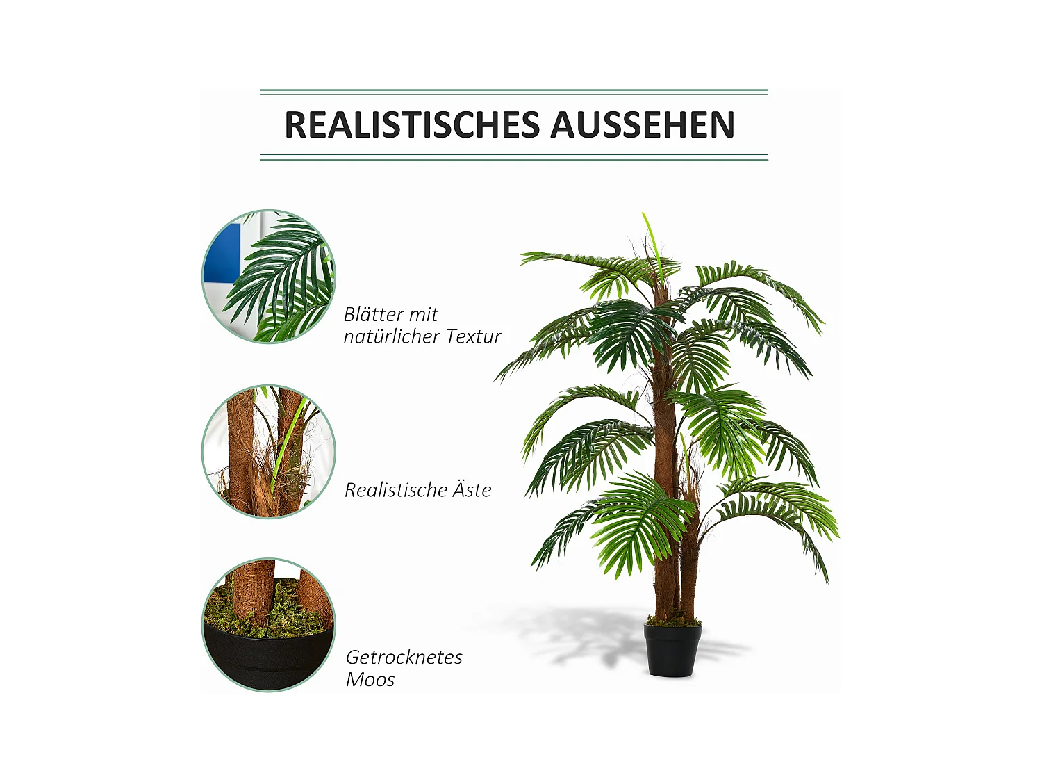 Palmier artificiel réaliste, plastique, vert, avec pot en plastique (16x16x120 cm)