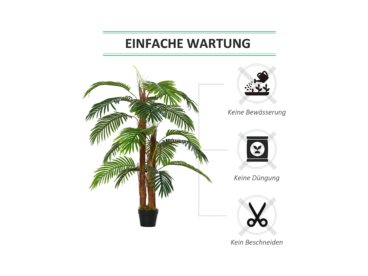 Palmier artificiel réaliste, plastique, vert, avec pot en plastique (16x16x120 cm)