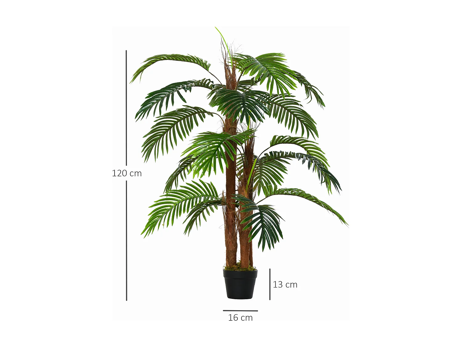 Palmier artificiel réaliste, plastique, vert, avec pot en plastique (16x16x120 cm)