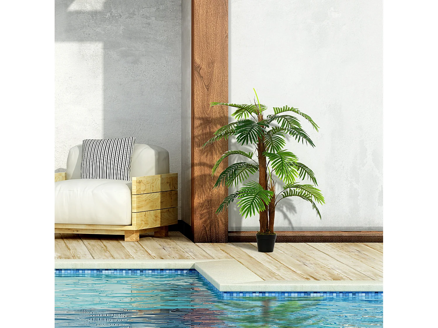 Palmier artificiel réaliste, plastique, vert, avec pot en plastique (16x16x120 cm)