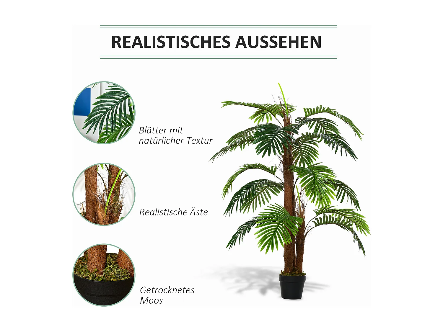 Palmier artificiel réaliste, plastique, vert, avec pot en plastique (16x16x120 cm)