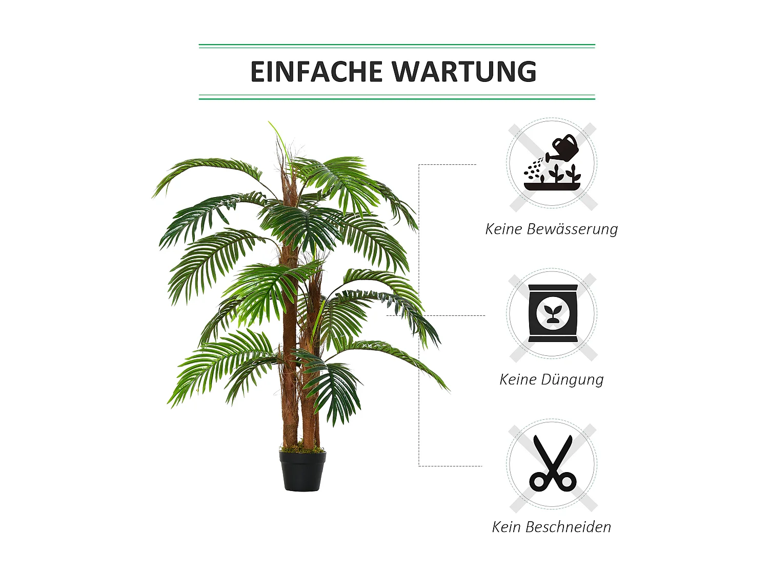 Palmier artificiel réaliste, plastique, vert, avec pot en plastique (16x16x120 cm)