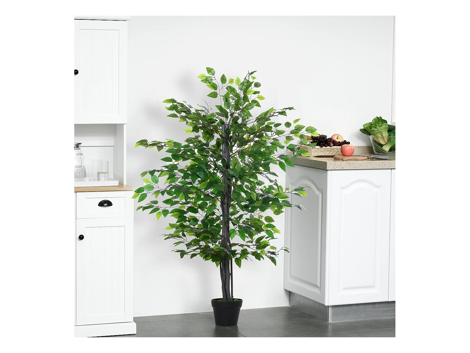 Arbre artificiel Banyan décoratif, bois massif, vert, pot ciment noir (20x20x145cm)