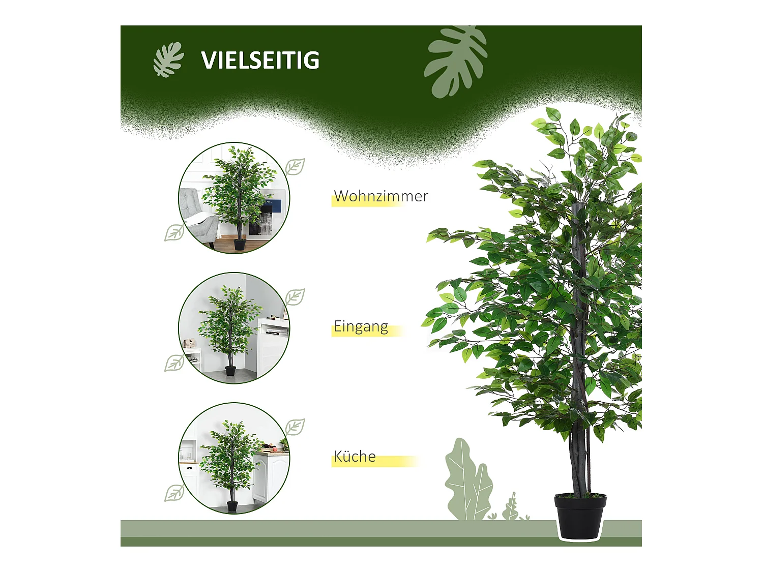 Arbre artificiel Banyan décoratif, bois massif, vert, pot ciment noir (20x20x145cm)