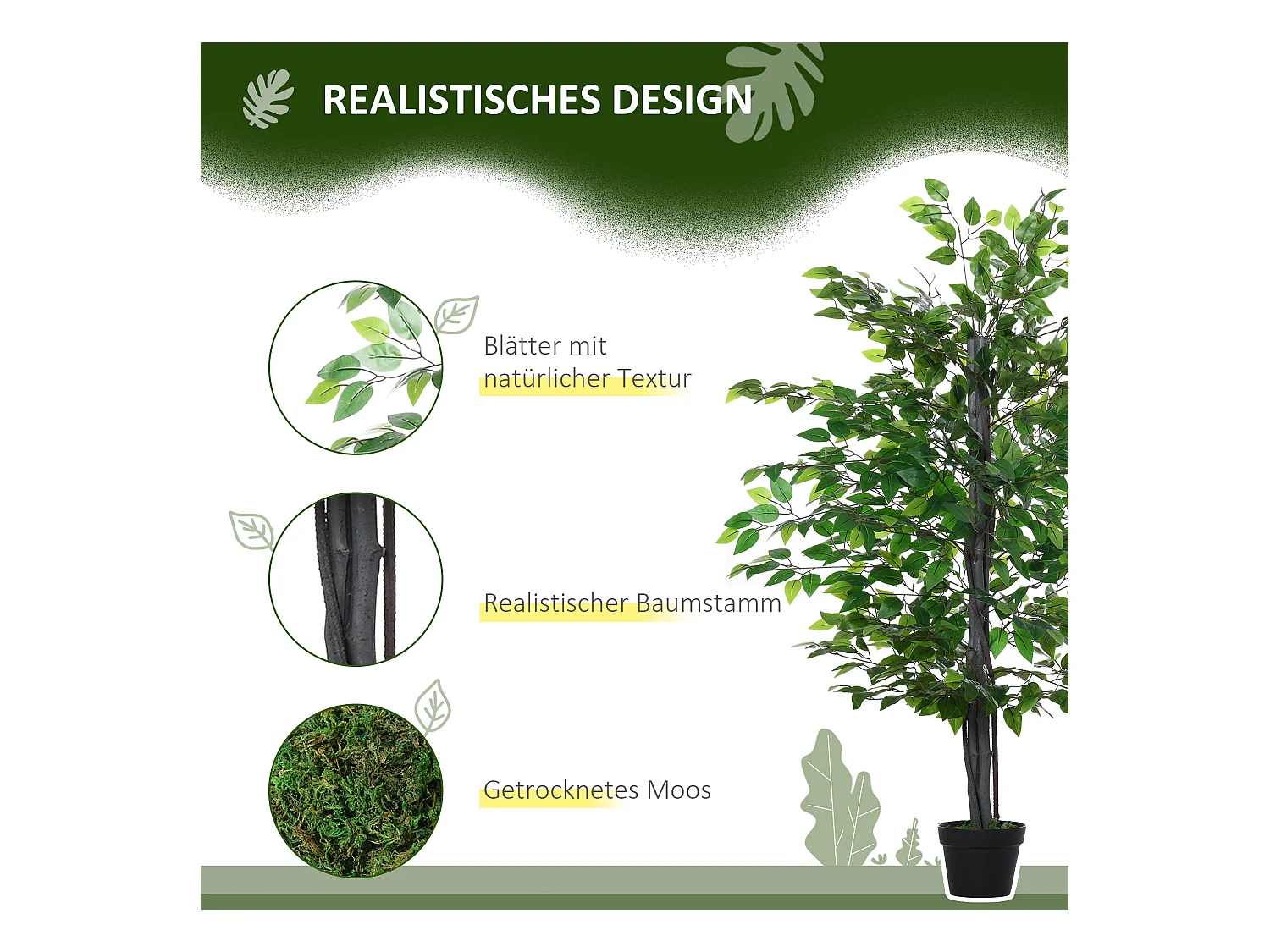 Arbre artificiel Banyan décoratif, bois massif, vert, pot ciment noir (20x20x145cm)