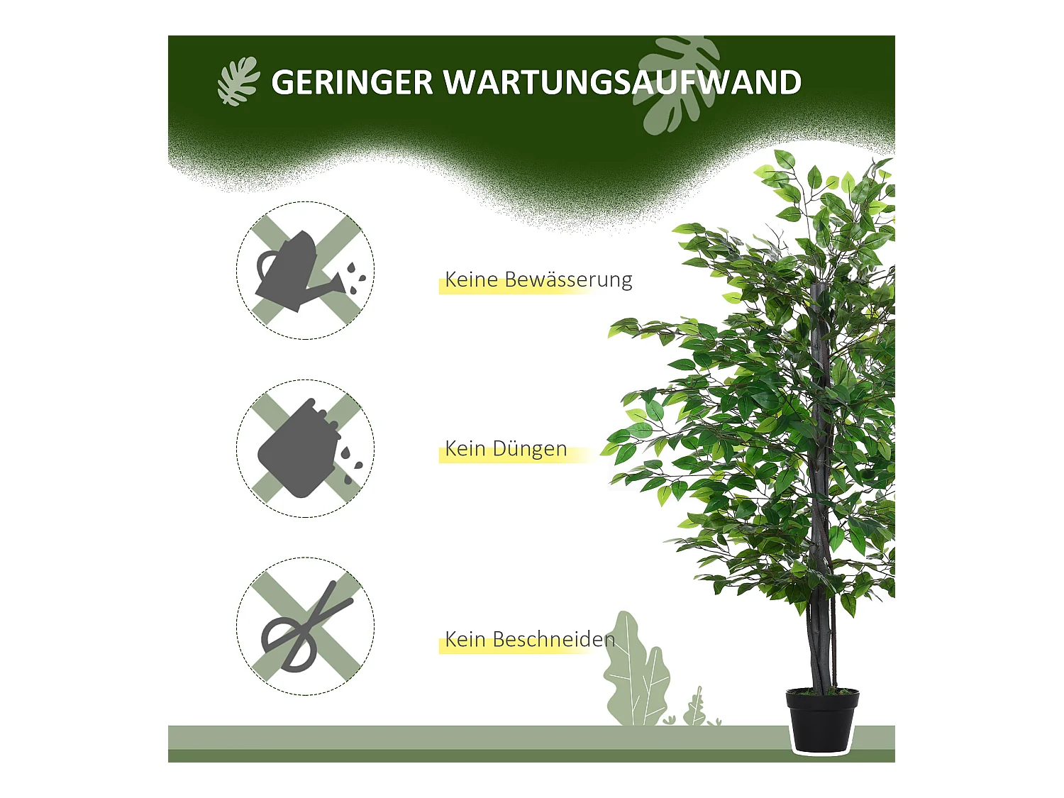 Arbre artificiel Banyan décoratif, bois massif, vert, pot ciment noir (20x20x145cm)