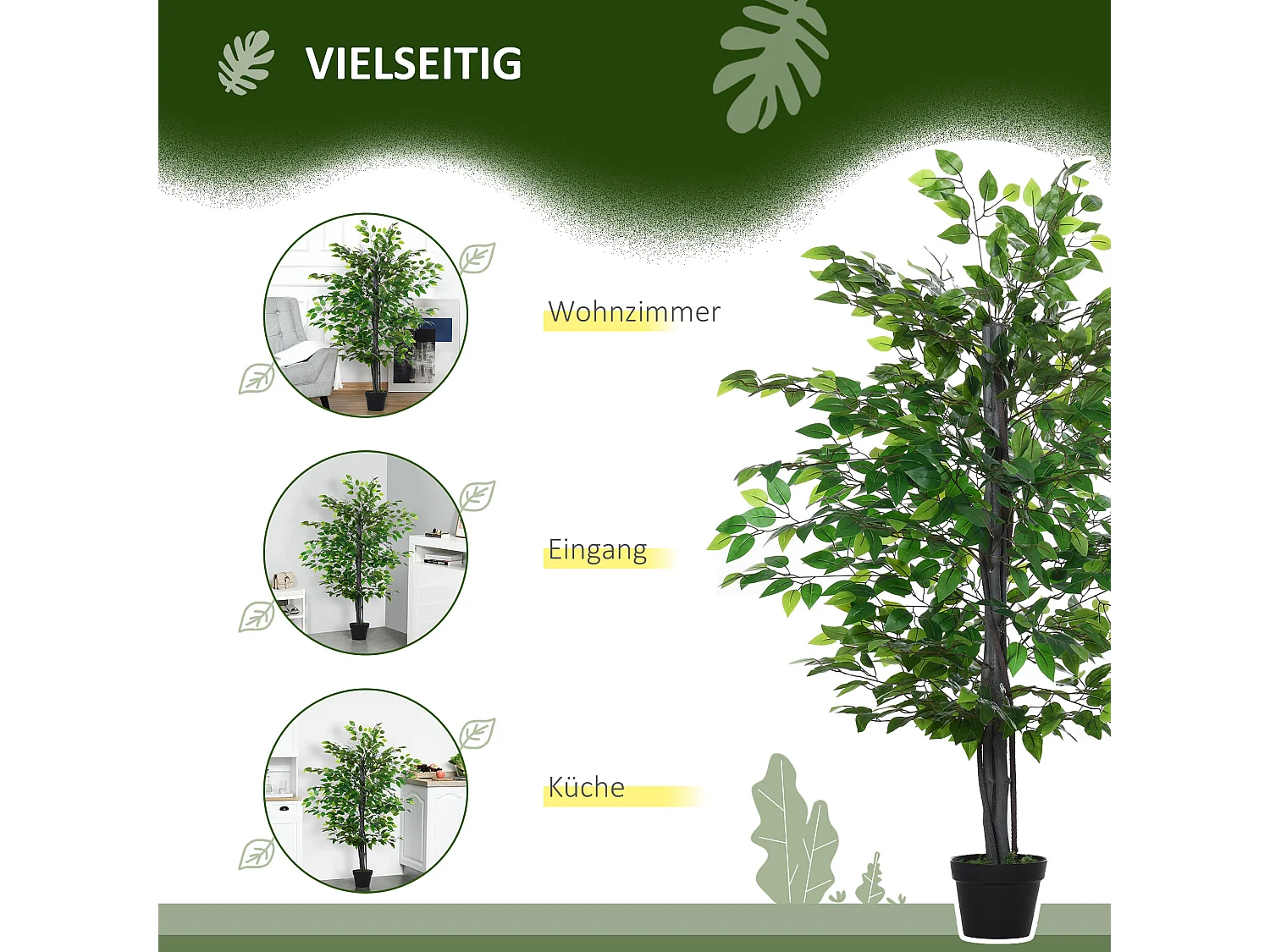 Arbre artificiel Banyan décoratif, bois massif, vert, pot ciment noir (20x20x145cm)