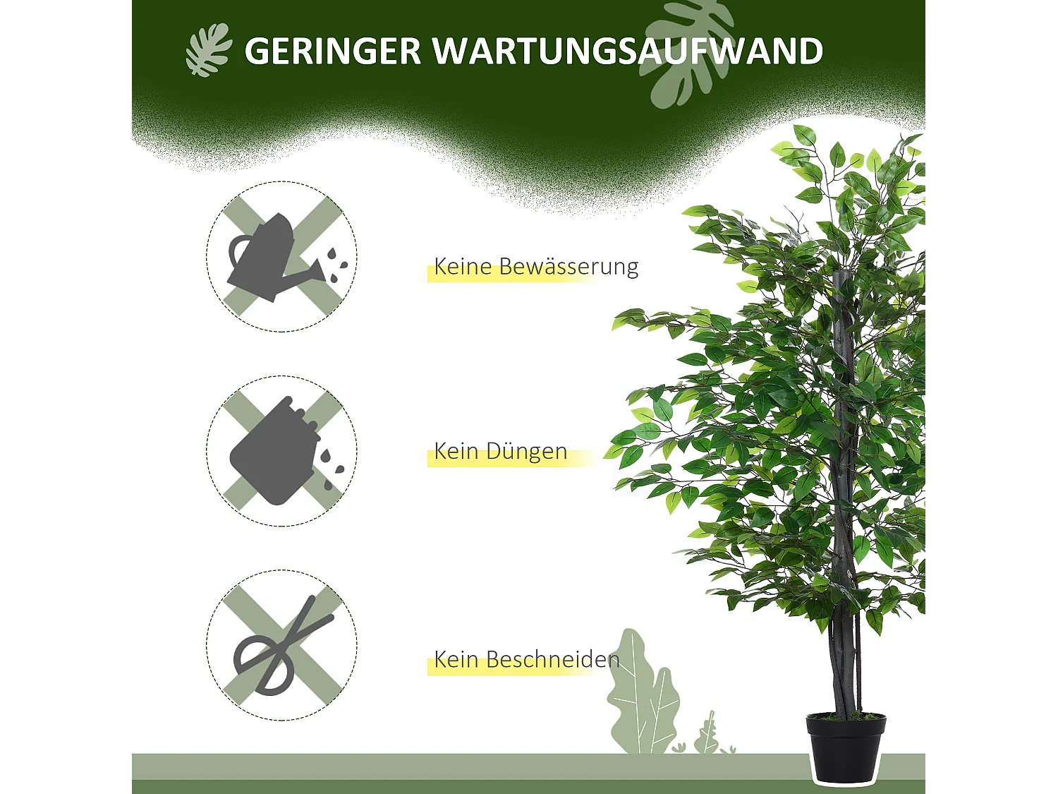 Arbre artificiel Banyan décoratif, bois massif, vert, pot ciment noir (20x20x145cm)