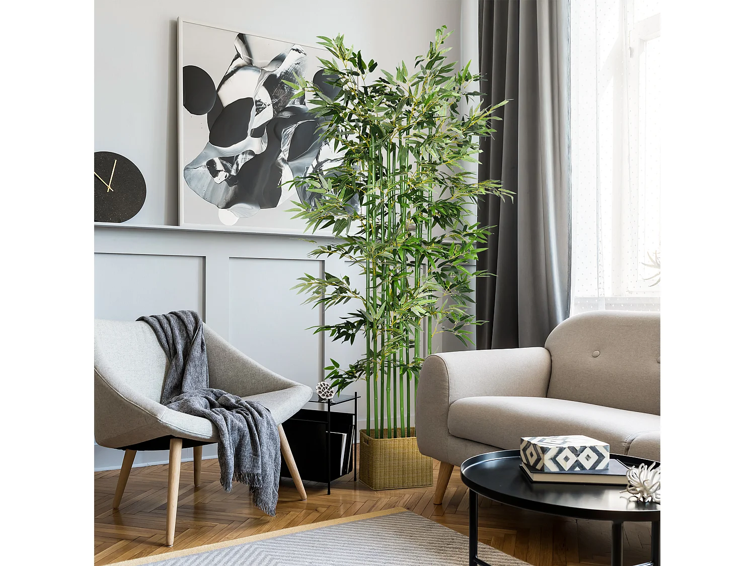 Planta de bambú artificial, 180 cm, en maceta de madera de pino, para interior y exterior, decorativa, verde (35 x 35 x 180 cm)