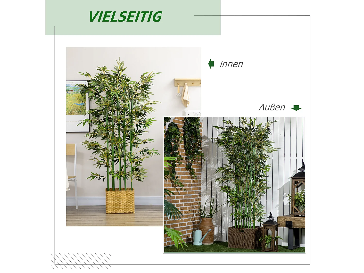 Planta de bambú artificial, 180 cm, en maceta de madera de pino, para interior y exterior, decorativa, verde (35 x 35 x 180 cm)