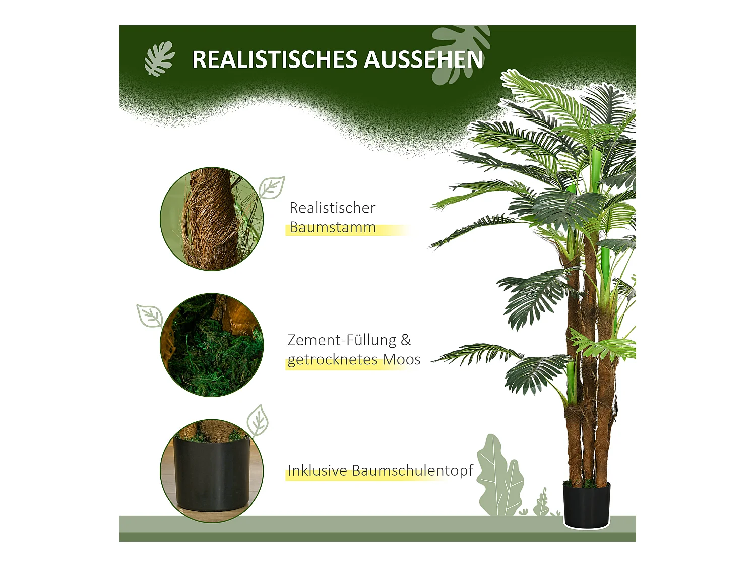 Kunstpalm, 160 cm, 36 takken, tuin- en interieurdecoratie, kunststof, groen (16x16x160 cm)