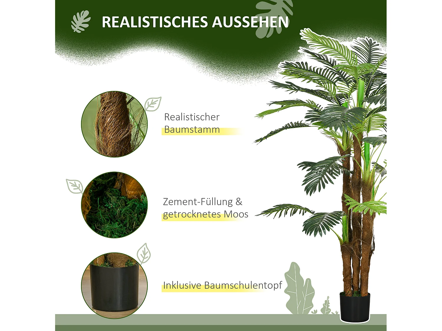 Plante artificielle Palme, 160 cm, 36 branches, décor de jardin et intérieur, plastique, vert (16x16x160 cm)