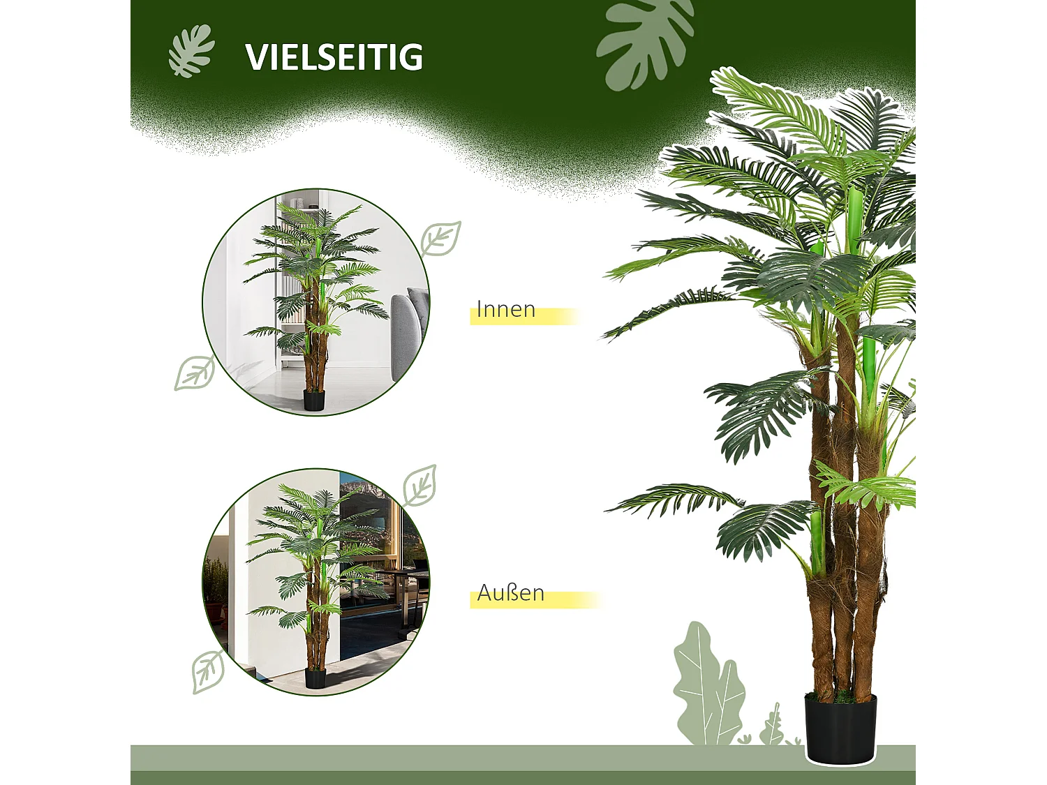 Plante artificielle Palme, 160 cm, 36 branches, décor de jardin et intérieur, plastique, vert (16x16x160 cm)