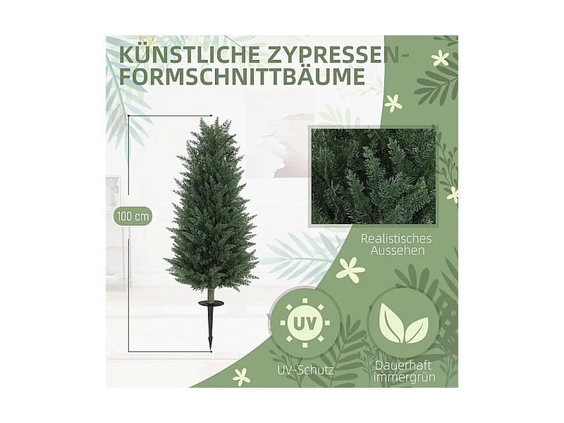 Set van 2 realistische kunstmatige cipressen met palen, groen plastic (33x33x100cm)