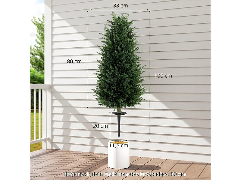 Set de 2 cyprès artificiels réalistes avec piquets, plastique vert (33x33x100cm)