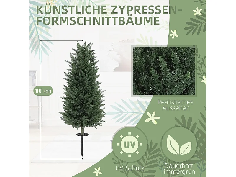 Set de 2 cyprès artificiels réalistes avec piquets, plastique vert (33x33x100cm)