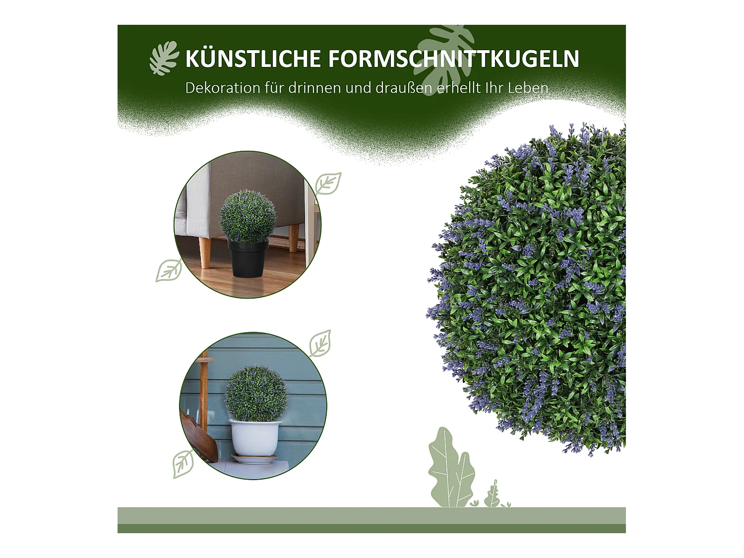 Lot de 2 lavandes artificielles, boule décorative, plastique, violet et vert (42x42x42cm)