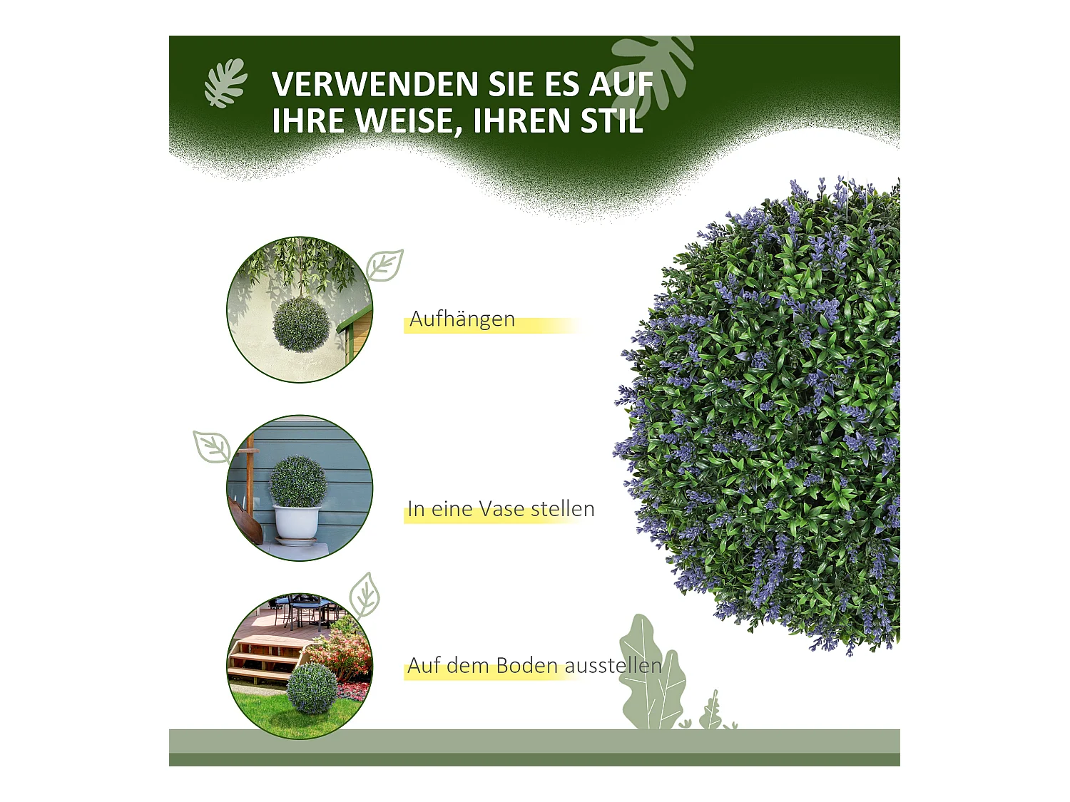 Lot de 2 lavandes artificielles, boule décorative, plastique, violet et vert (42x42x42cm)