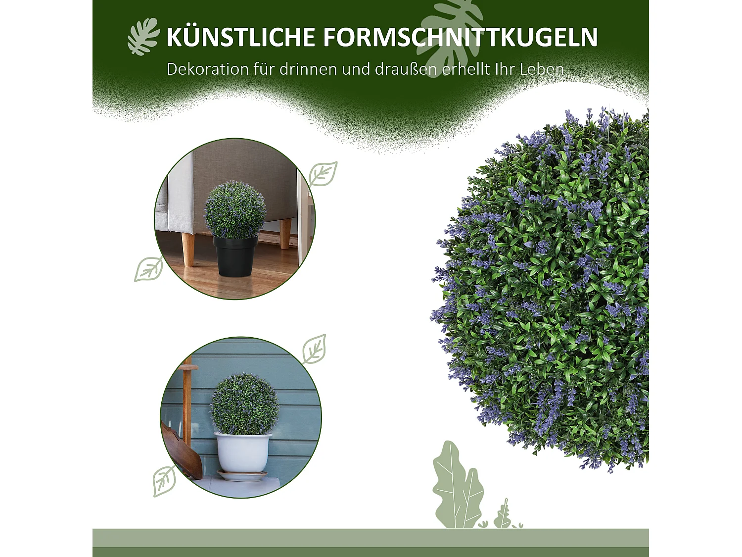 Lot de 2 lavandes artificielles, boule décorative, plastique, violet et vert (42x42x42cm)